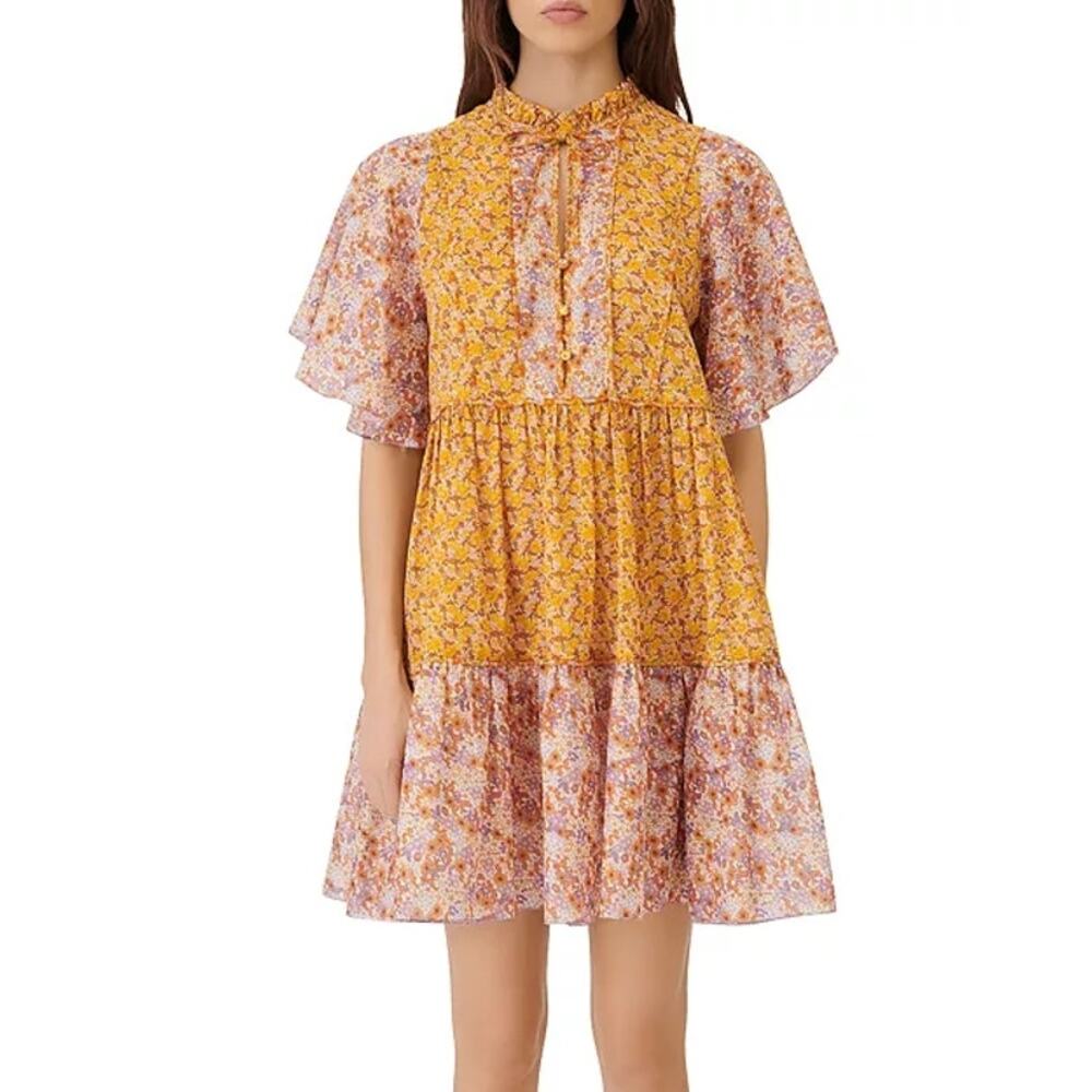 Maje Rissolette Smocked Floral Print Dress Yellow Orange EU34/XS